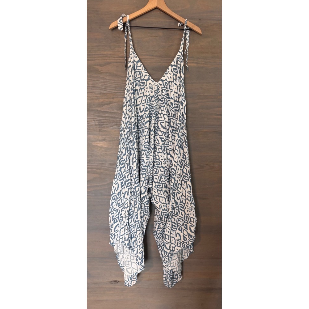 Secret Beach Hawaii Harem Jumpsuit Blue White Abstract Print Boho One Size